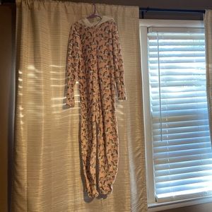 Unicorn Hooded Onesie. Size Girl L (10-12). EUC. Pink/white/gray fleece. Zip up